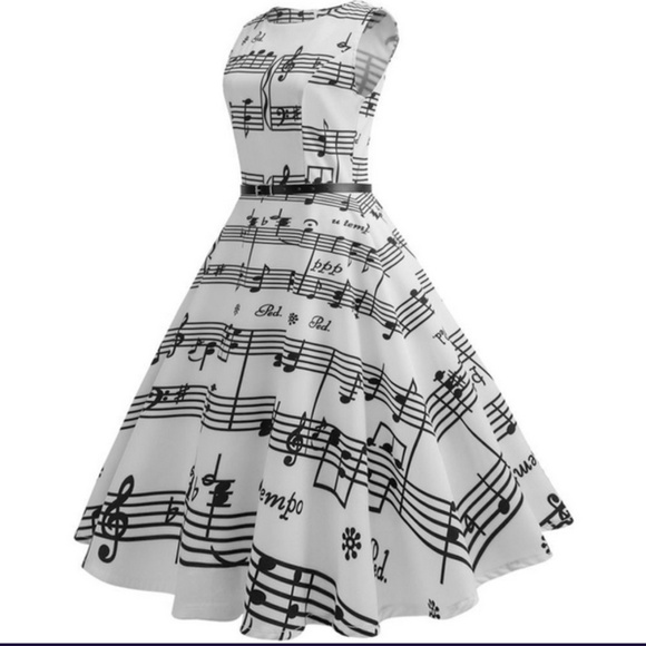 Retro Musical Print A-Line Party Flare Swing Sleeveless Black and White Dress - Picture 6 of 8